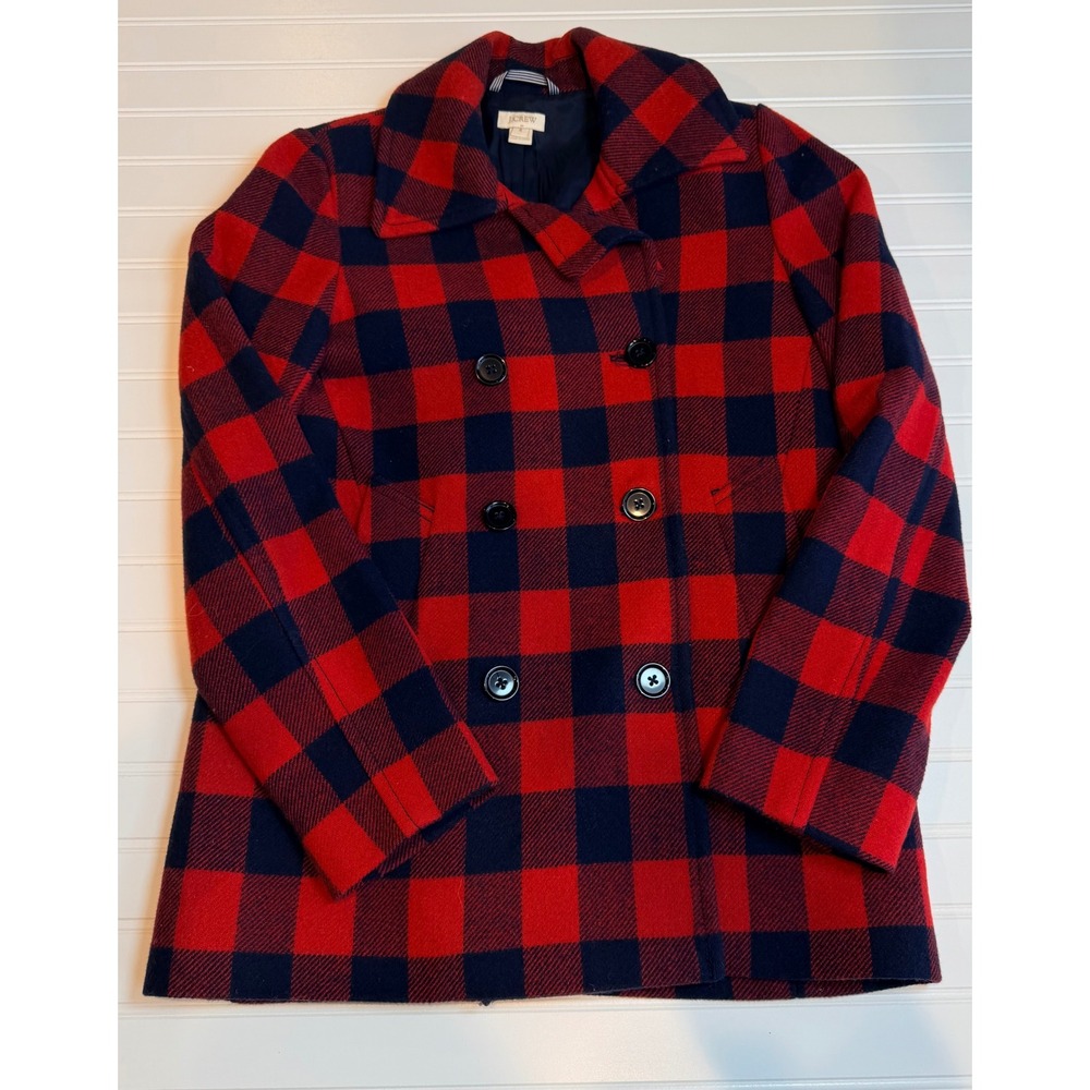 J.Crew Womens Red Navy Buffalo Plaid Wool Blend Pea Coat Jacket B3208 Size 4